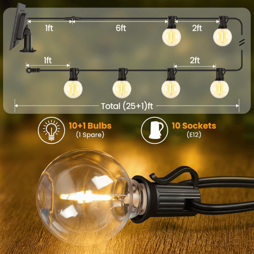 25Ft Solar-Powered G40 String Lights
