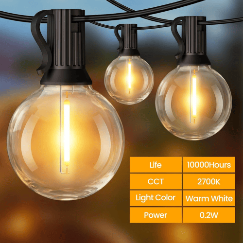 25Ft Solar-Powered G40 String Lights
