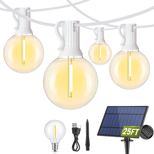 25Ft Solar-Powered G40 String Lights