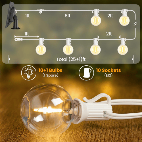 25Ft Solar-Powered G40 String Lights