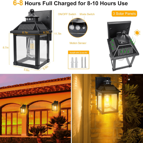 Solar Motion Sensor Wall Sconce – 3-Mode Dusk-to-Dawn Lantern